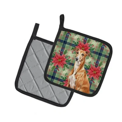 Caroline's Treasures Red Greyhound Christmas Poinsettas Pair Of Pot Holders In Multi