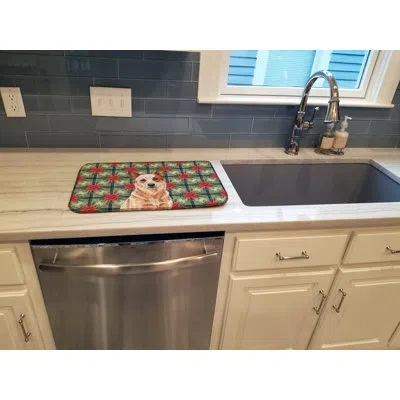 Caroline's Treasures Red Heeler Australian Cattle Dog Christmas Poinsettias Dish Drying Mat In Natural