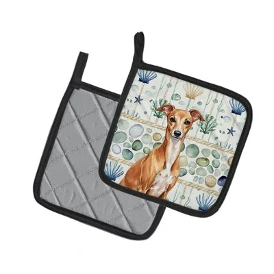 Caroline's Treasures Red Italian Greyhound Coastal Sea Glass Pair Of Pot Holders In Multicolor