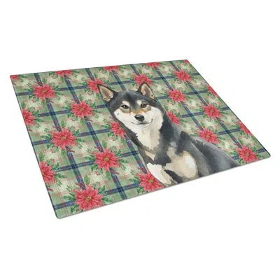 Caroline's Treasures Red Shiba Inu Christmas Poinsettias Glass Cutting Board In Black,tan