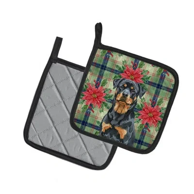 Caroline's Treasures Rottweiler Christmas Poinsettas Pair Of Pot Holders In Multicolor