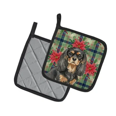 Caroline's Treasures Ruby Cavalier Spaniel Christmas Poinsettas Pair Of Pot Holders In Gray