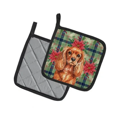 Caroline's Treasures Ruby English Toy Spaniel Christmas Poinsettas Pair Of Pot Holders In Multicolor
