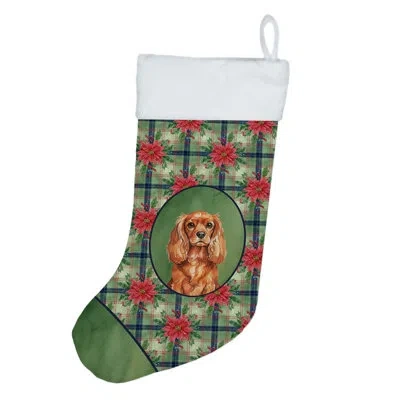 Caroline's Treasures Ruby English Toy Spaniel Christmas Poinsettias Holiday Stocking In Green