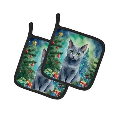 Caroline's Treasures Russian Blue Cat By The Christmas Tree Pair Of Pot Holders In Multicolor