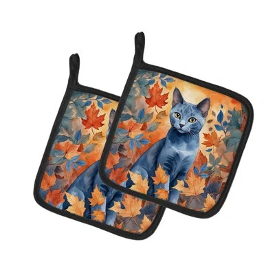 Caroline's Treasures Russian Blue Cat In Fall Leaves Pair Of Pot Holders In Multicolor