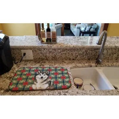 Caroline's Treasures Sable And White Alaskan Malamute Christmas Poinsettas Dish Drying Mat In Sable,white