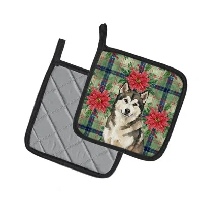 Caroline's Treasures Sable And White Alaskan Malamute Christmas Poinsettas Pair Of Pot Holders In Multicolor