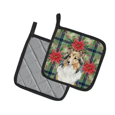 Caroline's Treasures Sable Sheltie Christmas Poinsettas Pair Of Pot Holders In Multi