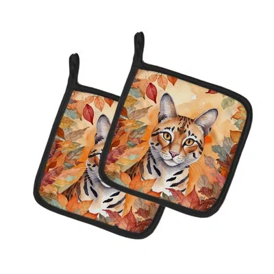 Caroline's Treasures Safari Cat In Fall Leaves Pair Of Pot Holders In Multicolor