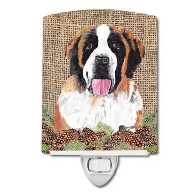 Caroline's Treasures Saint Bernard Faux Burlap And Pine Cones Ceramic Night Light In Multicolor;multicolor