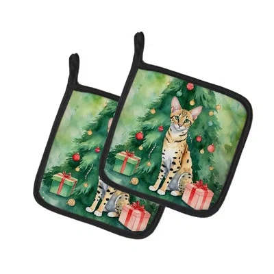 Caroline's Treasures Savannah Cat By The Christmas Tree Pair Of Pot Holders In Multicolor