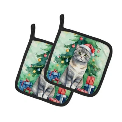 Caroline's Treasures Scottish Fold Cat By The Christmas Tree Pair Of Pot Holders In Multicolor