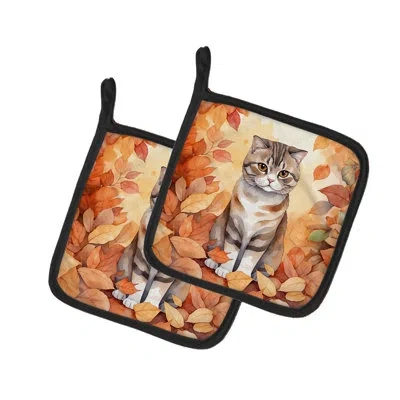 Caroline's Treasures Scottish Fold Cat In Fall Leaves Pair Of Pot Holders In Multicolor