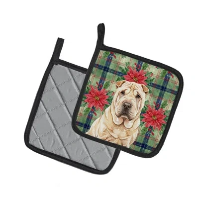 Caroline's Treasures Shar Pei Christmas Poinsettas Pair Of Pot Holders In Cream