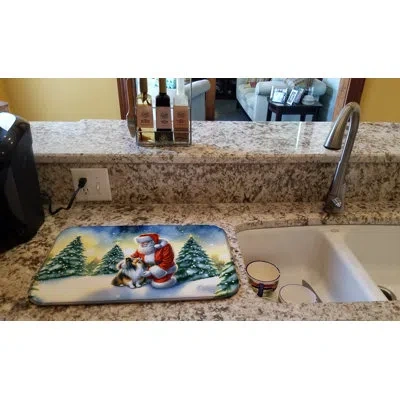 Caroline's Treasures Sheltie And Santa Claus Dish Drying Mat In Natural