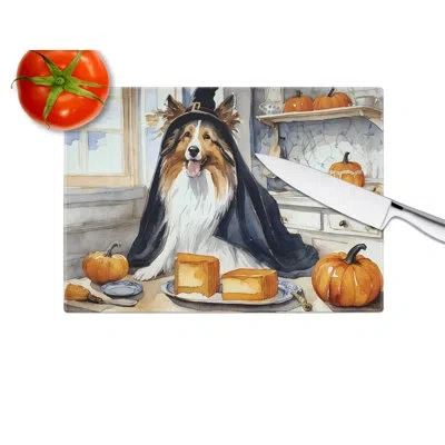 Caroline's Treasures Sheltie Fall Kitchen Pumpkins Glass Cutting Board Large