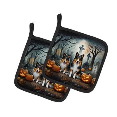 Caroline's Treasures Sheltie Spooky Halloween Pair Of Pot Holders In Multicolor