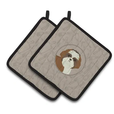 Caroline's Treasures Shih Tzu In The Kitchen Potholder In Gray;gold