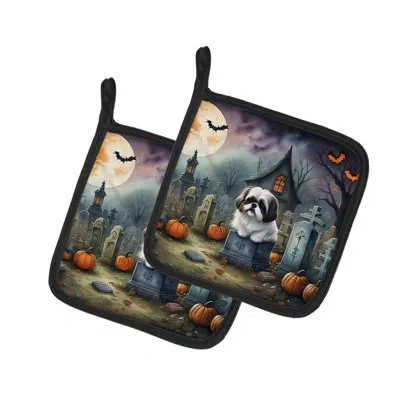 Caroline's Treasures Shih Tzu Spooky Halloween Pair Of Pot Holders In Multicolor