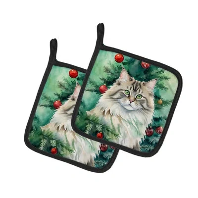 Caroline's Treasures Siberian Cat By The Christmas Tree Pair Of Pot Holders In Multicolor