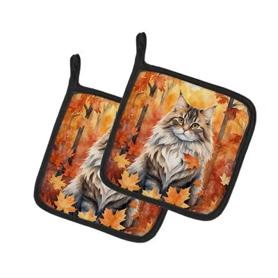 Caroline's Treasures Siberian Cat In Fall Leaves Pair Of Pot Holders In Multicolor