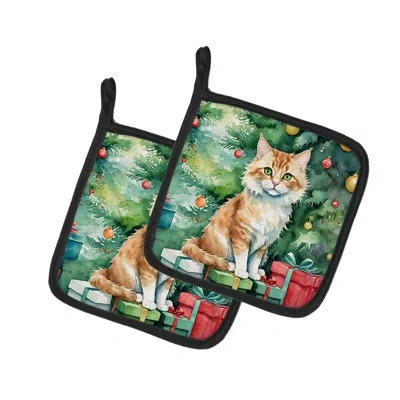 Caroline's Treasures Skookum Cat By The Christmas Tree Pair Of Pot Holders In Multicolor