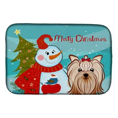 Caroline's Treasures Snowman With Yorkie Yorkshire Terrier Dish Drying Mat In Blue