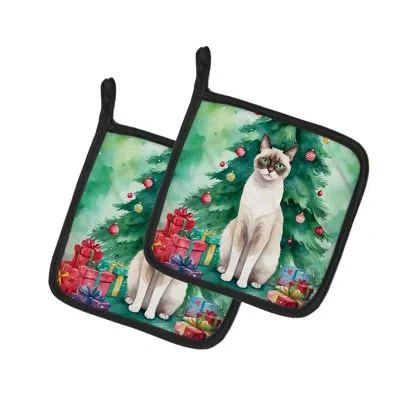 Caroline's Treasures Snowshoe Cat By The Christmas Tree Pair Of Pot Holders In Multicolor