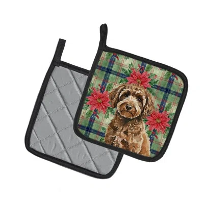 Caroline's Treasures Spanish Water Dog Christmas Poinsettas Pair Of Pot Holders In Multicolor