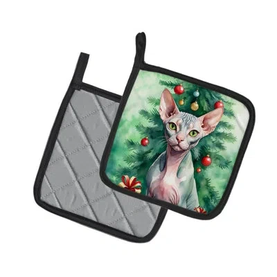 Caroline's Treasures Sphynx Cat By The Christmas Tree Pair Of Pot Holders In Multicolor