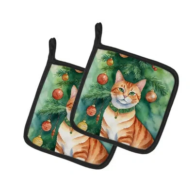 Caroline's Treasures Suphalak Cat By The Christmas Tree Pair Of Pot Holders In Multicolor