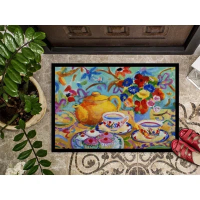 Caroline's Treasures Teal Tea Non-slip Outdoor Door Mat In Blue,yellow,orange