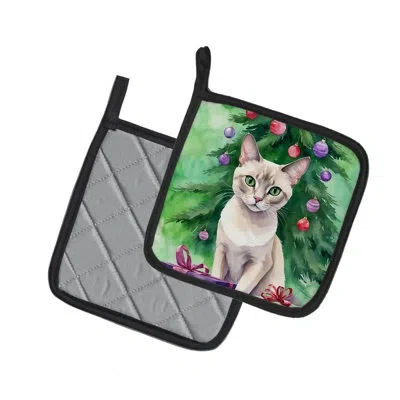 Caroline's Treasures Thai Lilac Cat By The Christmas Tree Pair Of Pot Holders In Multicolor