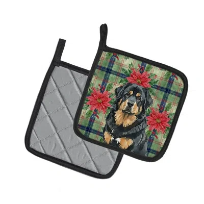 Caroline's Treasures Tibetan Mastiff Christmas Poinsettas Pair Of Pot Holders In Multi