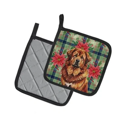 Caroline's Treasures Tibetan Mastiff Christmas Poinsettas Pair Of Pot Holders In Multi