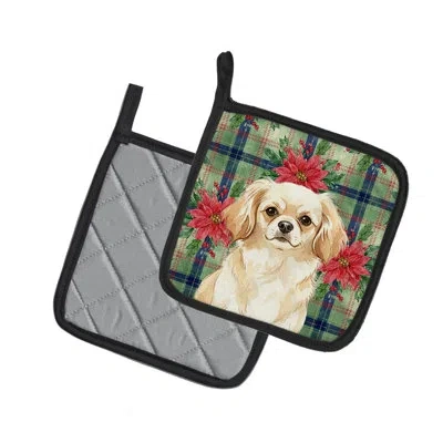 Caroline's Treasures Tibetan Spaniel Christmas Poinsettas Pair Of Pot Holders In Multi