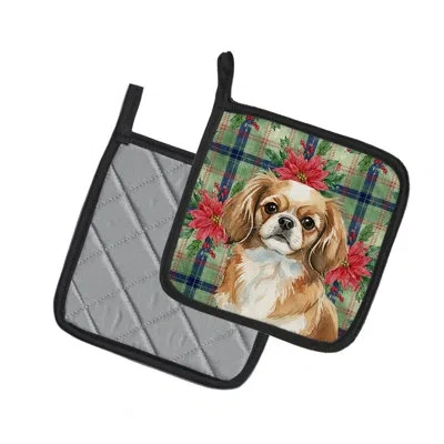 Caroline's Treasures Tibetan Spaniel Christmas Poinsettas Pair Of Pot Holders In Multi
