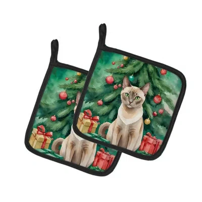 Caroline's Treasures Tonkinese Cat By The Christmas Tree Pair Of Pot Holders In Multicolor
