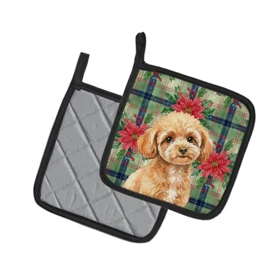 Caroline's Treasures Toy Apricot Poodle Christmas Poinsettas Pair Of Pot Holders In Multi