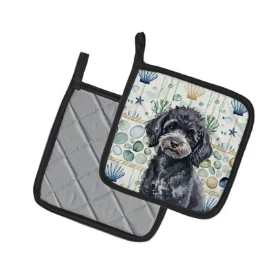 Caroline's Treasures Toy Black Poodle Coastal Sea Glass Pair Of Pot Holders In Multicolor