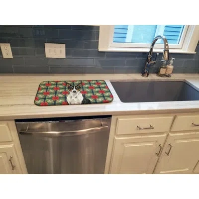 Caroline's Treasures Tricolor And White Basenji Christmas Poinsettias Dish Drying Mat In Black,white