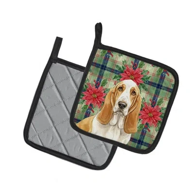 Caroline's Treasures Tricolor And White Basset Hound Christmas Poinsettas Pair Of Pot Holders In Multi