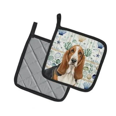 Caroline's Treasures Tricolor And White Basset Hound Coastal Sea Glass Pair Of Pot Holders In Multicolor