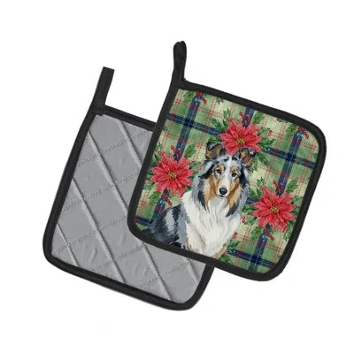Caroline's Treasures Tricolor Collie Christmas Poinsettas Pair Of Pot Holders In Blue