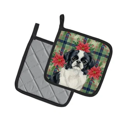 Caroline's Treasures Tricolor Japanese Chin Christmas Poinsettas Pair Of Pot Holders In Black,white