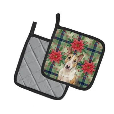 Caroline's Treasures Tricolor Miniature Bull Terrier Christmas Poinsettas Pair Of Pot Holders In Multicolor