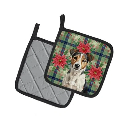 Caroline's Treasures Tricolor Russell Terrier Christmas Poinsettas Pair Of Pot Holders In Multi