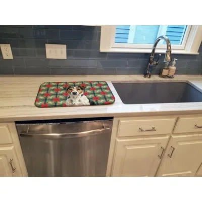 Caroline's Treasures Tricolor Russell Terrier Christmas Poinsettias Dish Drying Mat In Natural