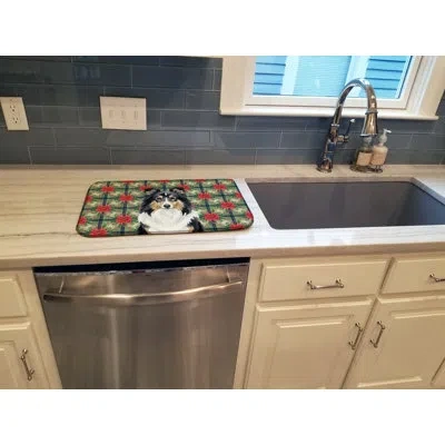 Caroline's Treasures Tricolor Sheltie Christmas Poinsettias Dish Drying Mat In Natural